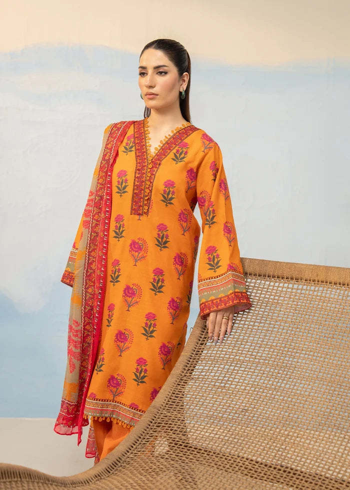 Women's winter 3-piece printed suit, orange kurta with pink floral dupatta draped over