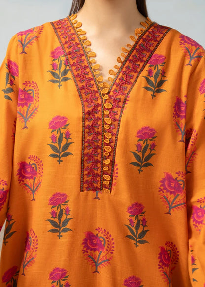 Orange kurta neckline with pink and maroon floral embroidery and decorative button placket