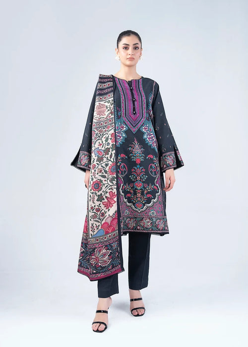 Women’s printed winter suit set: dark kurta with floral panel, dark pants