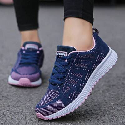 Women's breathable mesh sneakers neon navy blue laces lightweight gym casual FTF Market UK