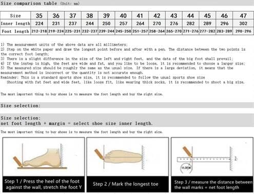 Measurement chart for shoe size with text and illustrations on a white background