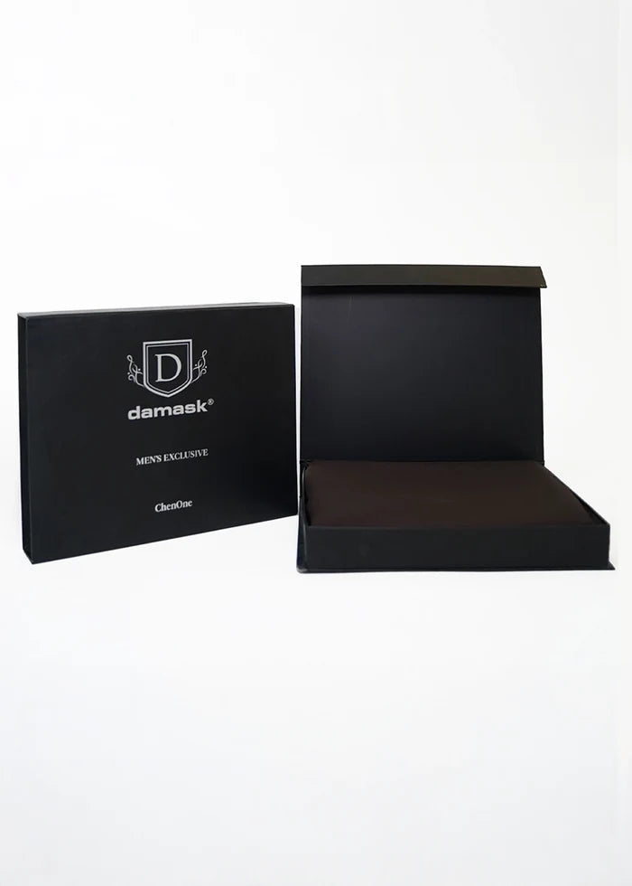 damask gift box set, open lid with chocolate-brown insert, men’s fragrance packaging