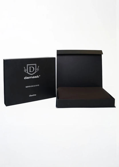 damask gift box set, open lid with chocolate-brown insert, men’s fragrance packaging