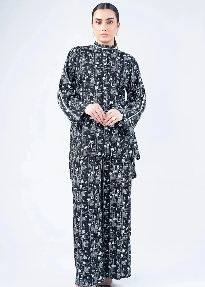 Women's 2-piece winter set, black printed high-neck long tunic and floor-length skirt