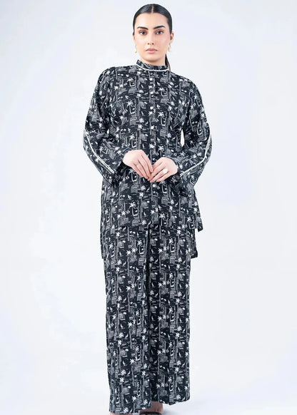 Women's 2-piece winter set, black printed high-neck long tunic and floor-length skirt