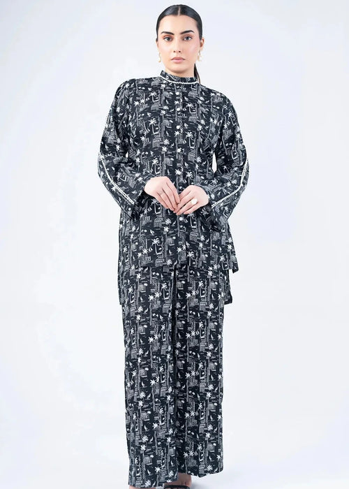 Women's 2-piece winter set, black printed high-neck long tunic and floor-length skirt