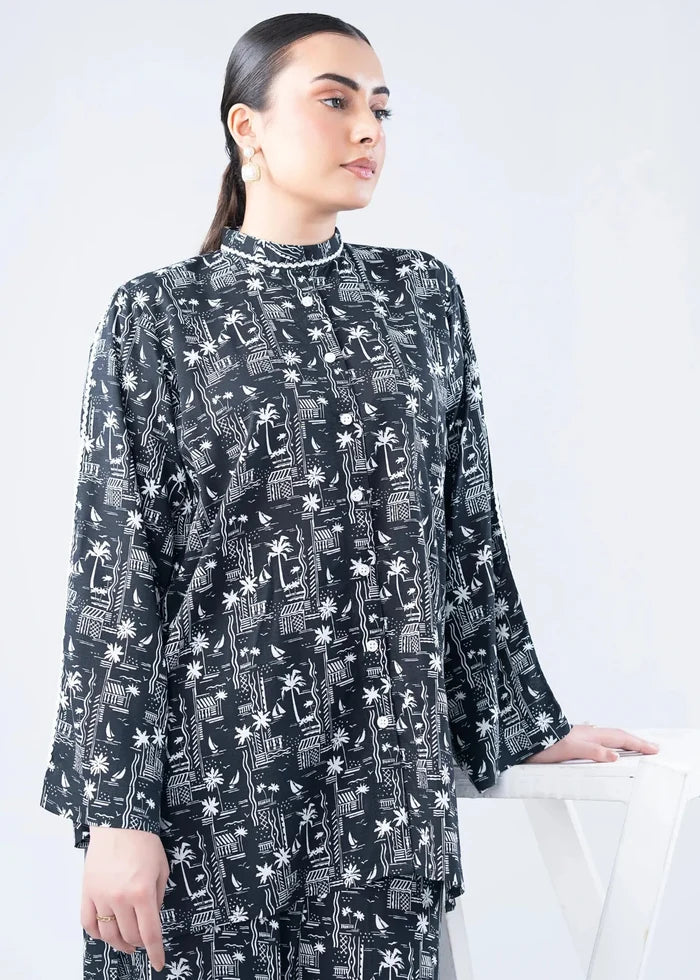 Women's 2-piece winter set, black printed long-sleeve tunic with button front and matching skirt