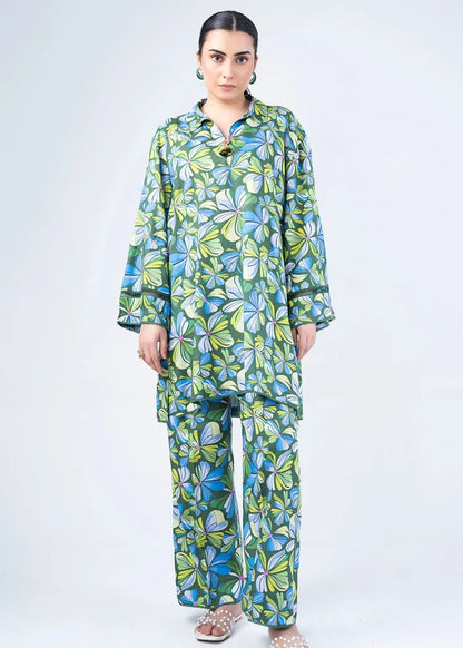 Women's co-ord set, green leaf-floral print long tunic with matching wide-leg pants