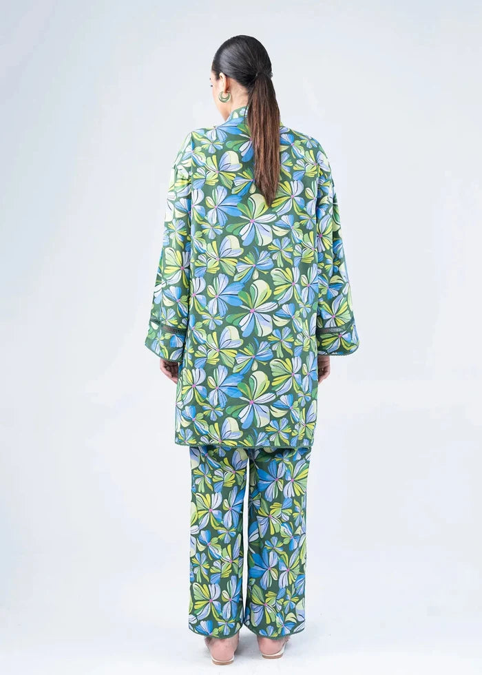 Women's co-ord set, green leaf-floral print long tunic and wide-leg pants