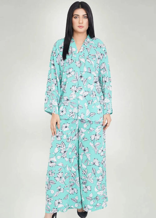 Women's turquoise floral 2-piece co-ord set with long skirt and collared top