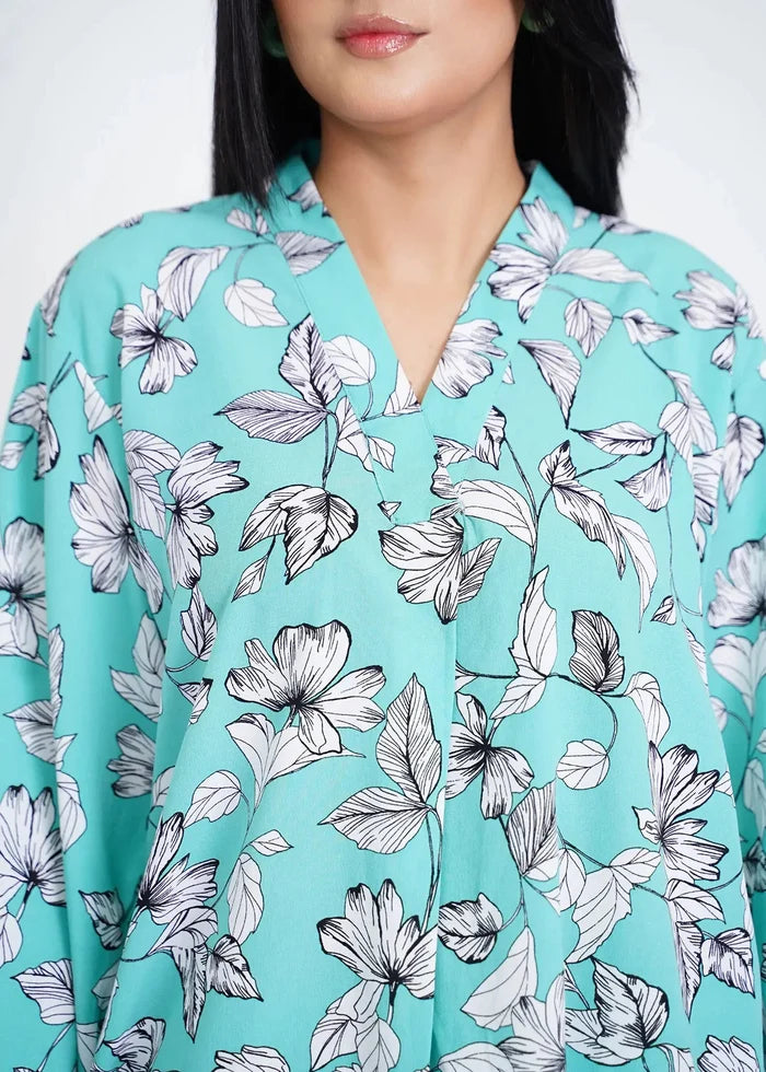 Women's turquoise floral V-neck button-front co-ord top, long sleeves