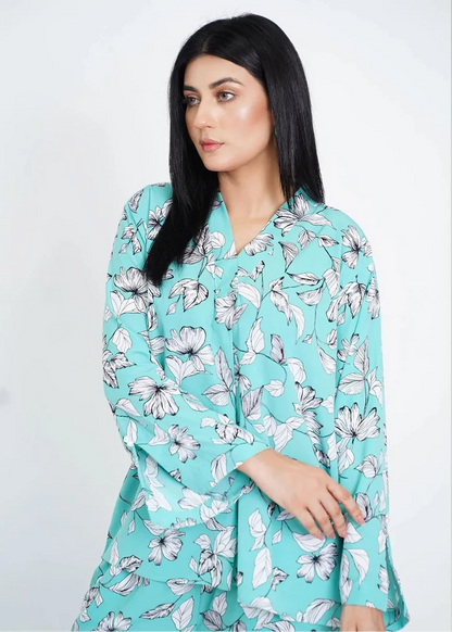 Women's turquoise floral co-ord top and skirt set, button-front and collared neckline