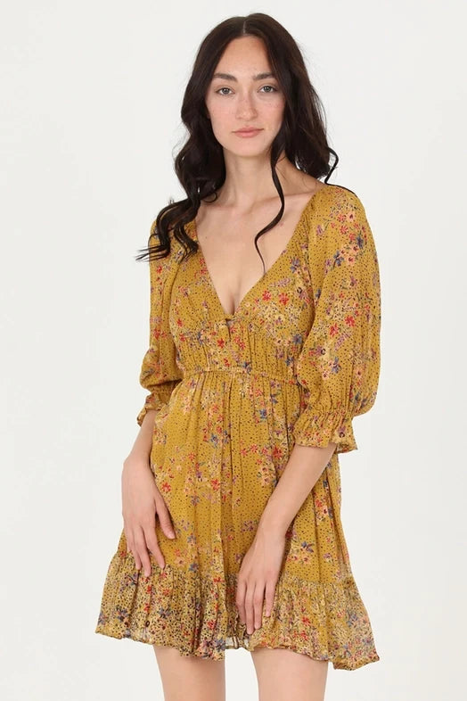 Women's Floral Half Poet Sleeve Mini Dress in Honey