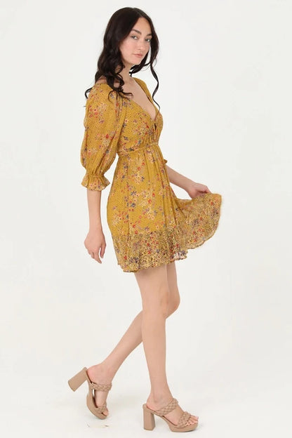 Women's Floral Half Poet Sleeve Mini Dress in Honey