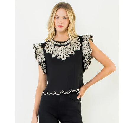 Women's Flutter Sleeve Cropped Embroidery Blouse in Black