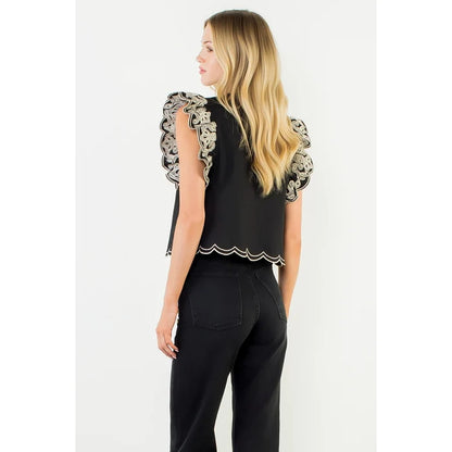 Women's Flutter Sleeve Cropped Embroidery Blouse in Black