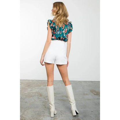 Women's High Neck Ruffle Sleeve Knit Top in Abstract Teal
