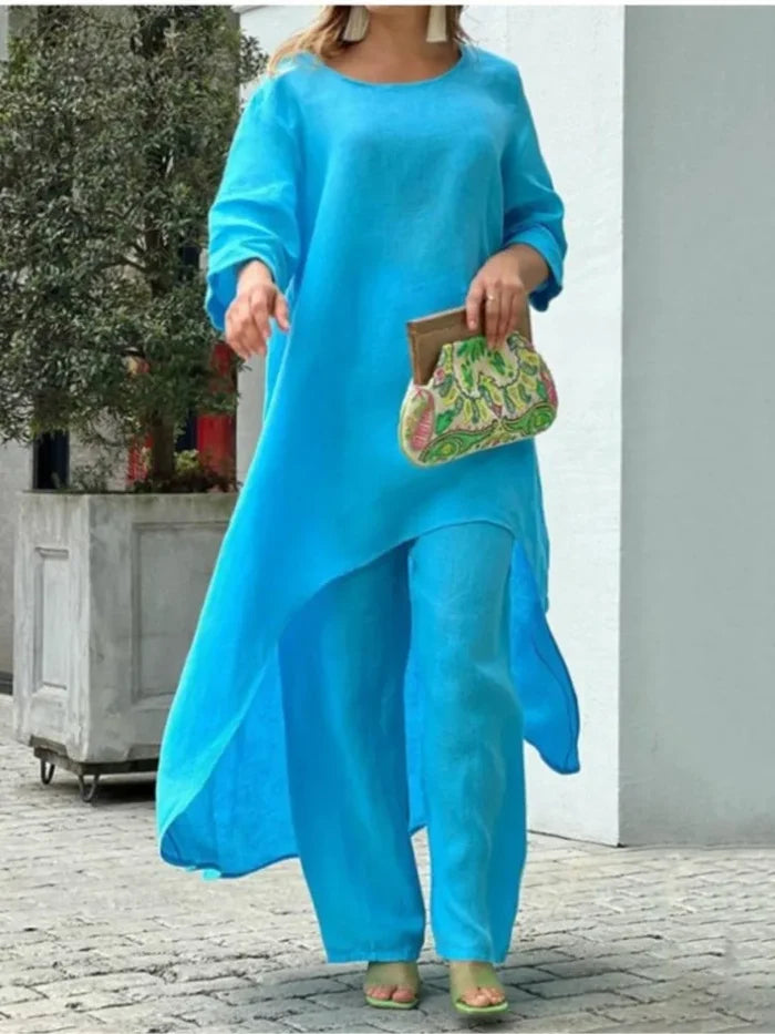 Blue Linen cargo pants irregular top set womens FTF Market UK