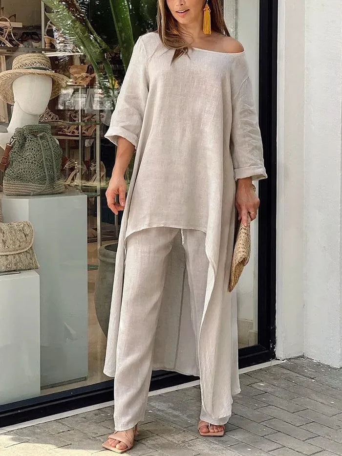 Khaki Linen cargo pants irregular top set womens FTF Market UK
