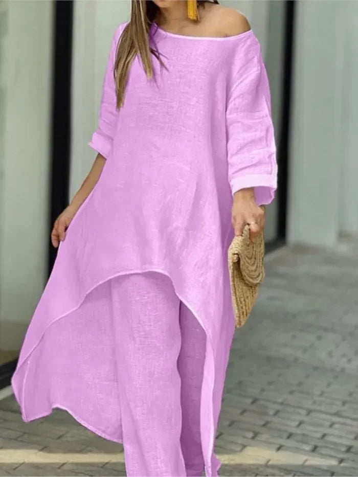 Purple Linen cargo pants irregular top set womens FTF Market UK