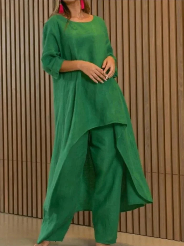 Green Linen cargo pants irregular top set womens FTF Market UK