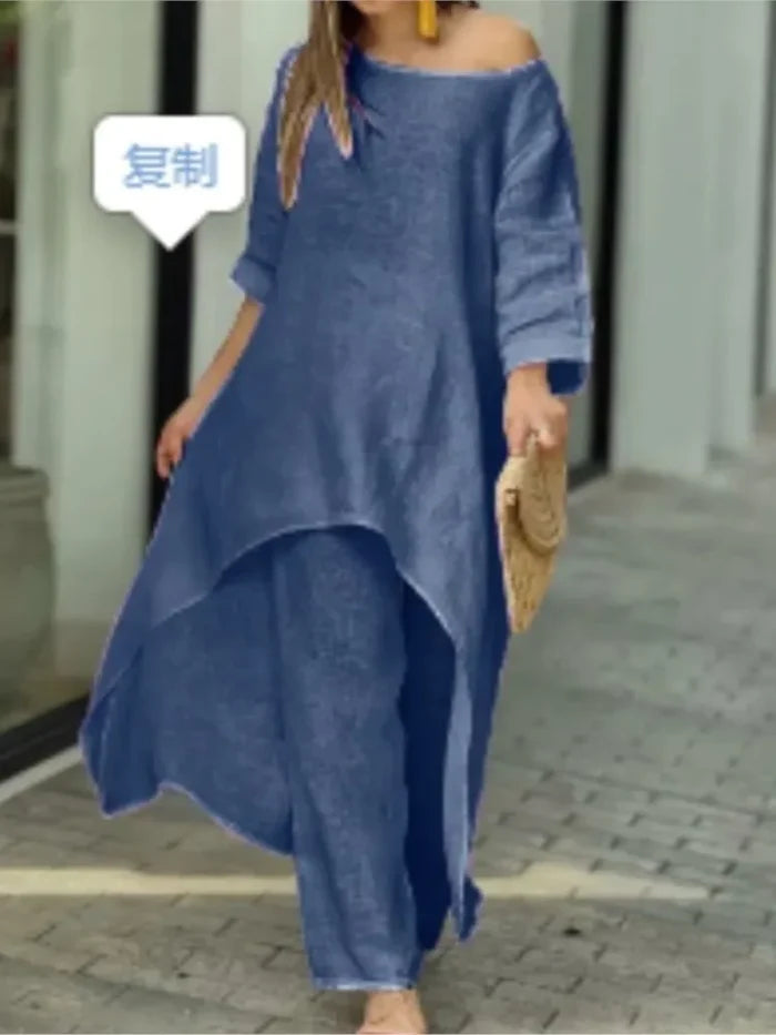 Deep Blue Linen cargo pants irregular top set womens FTF Market UK