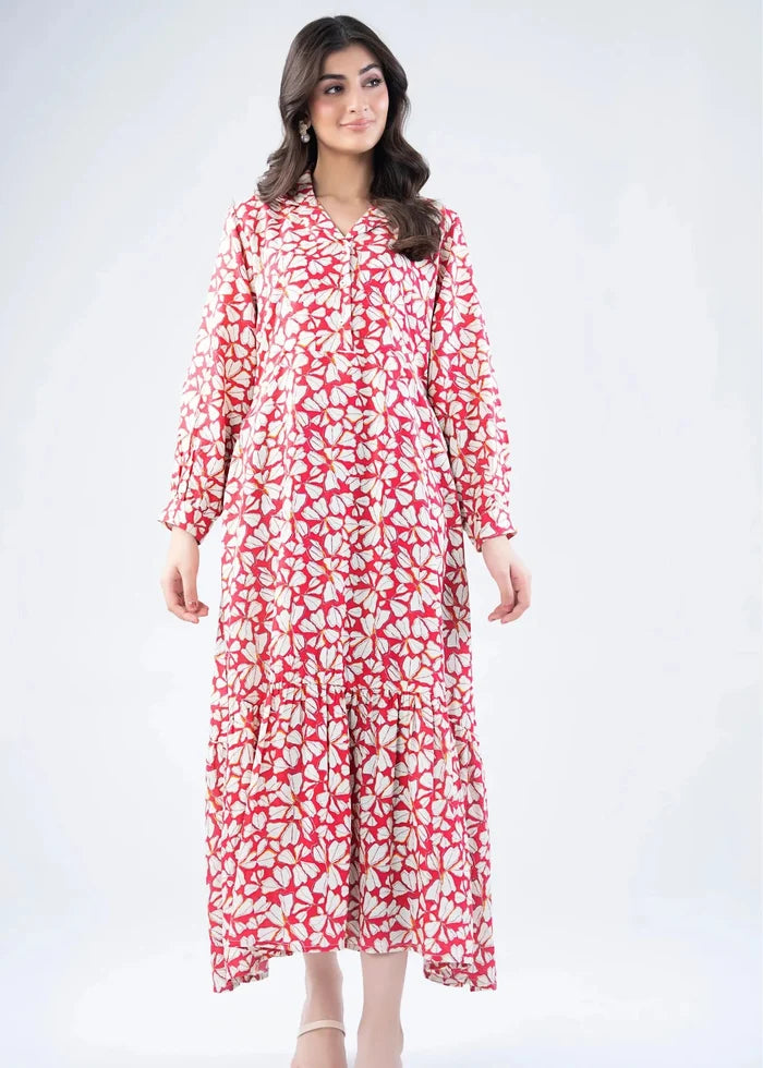 Pink and white abstract print long dress with long sleeves and flowing skirt