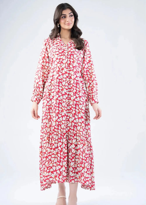 Pink and white abstract print long dress with long sleeves and flowing skirt