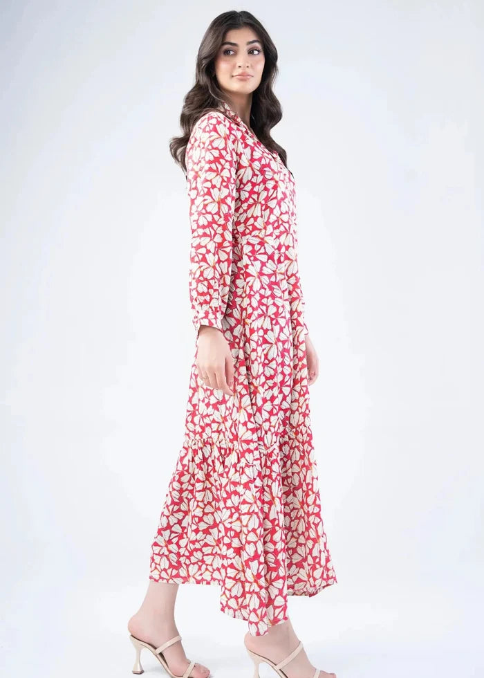 Pink and white abstract print long dress with long sleeves and soft drape