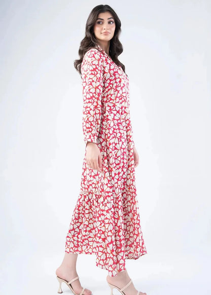 Pink and white abstract print long dress with long sleeves and soft drape