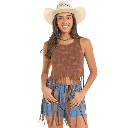 Women's Rock & Roll Denim Conversational Fringe Top in Brown