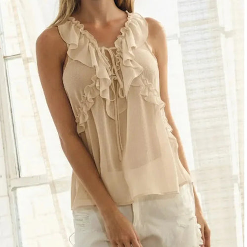 Women's Sleeveless Ruffle Trim Top in Ivory (Available in Regular and Plus Sizes)
