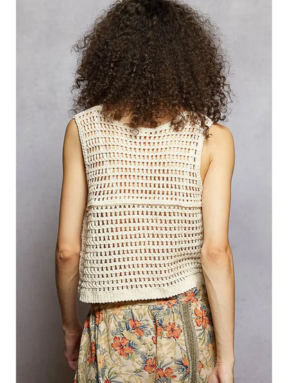Women's V-Neck Floral Embroidered Crochet Vest in Natural/Brick