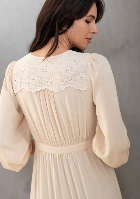 Women's Vintage Embroidered Ruffled Maxi Kimono in Natural