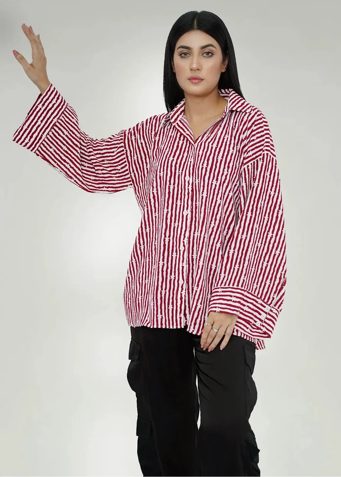 Maroon-and-white striped western shirt top with pointed collar and cuffed long sleeves