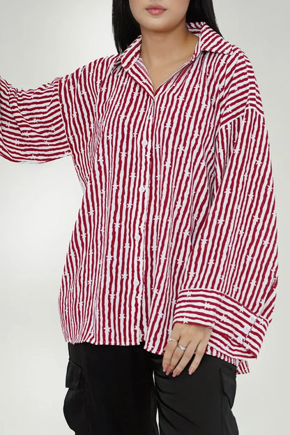 Maroon-and-white striped button-front western shirt top with pointed collar, long sleeves