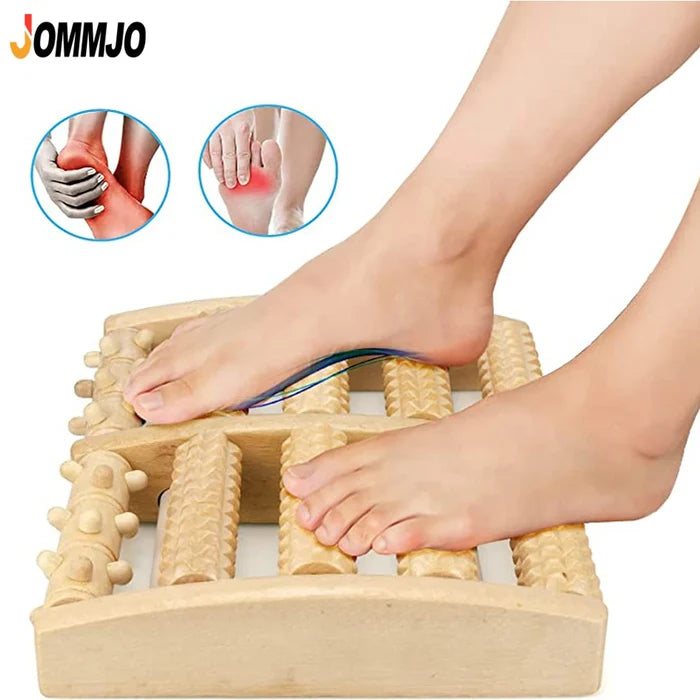 Person using a wooden foot massager with close-up insets of sore feet and knee.