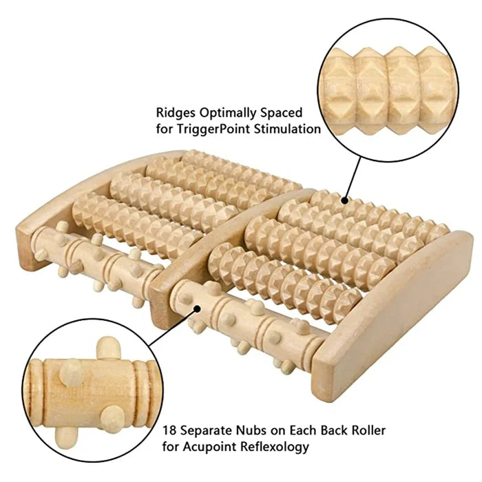 Wooden foot roller massager with detailed features on a white background