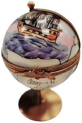 Globe with Ship Limoges Box Porcelain Limoges travel world ship French Trinket Box
