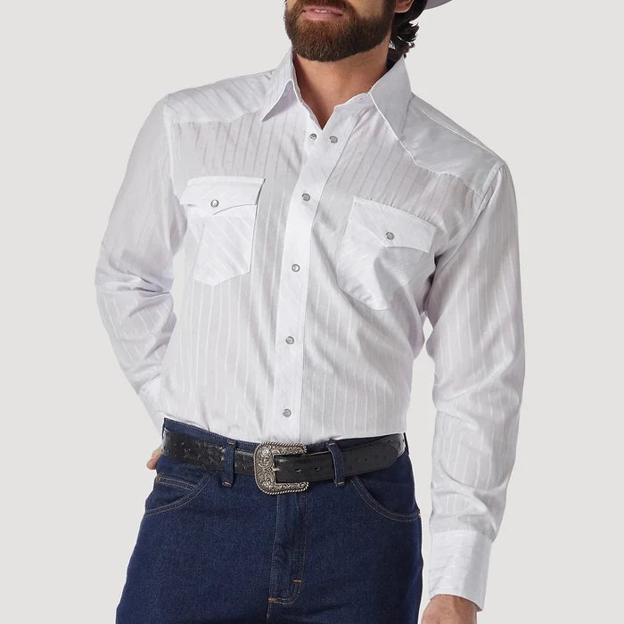 Wrangler Men's L/S Dobby Stripe Western Snap Shirt in White