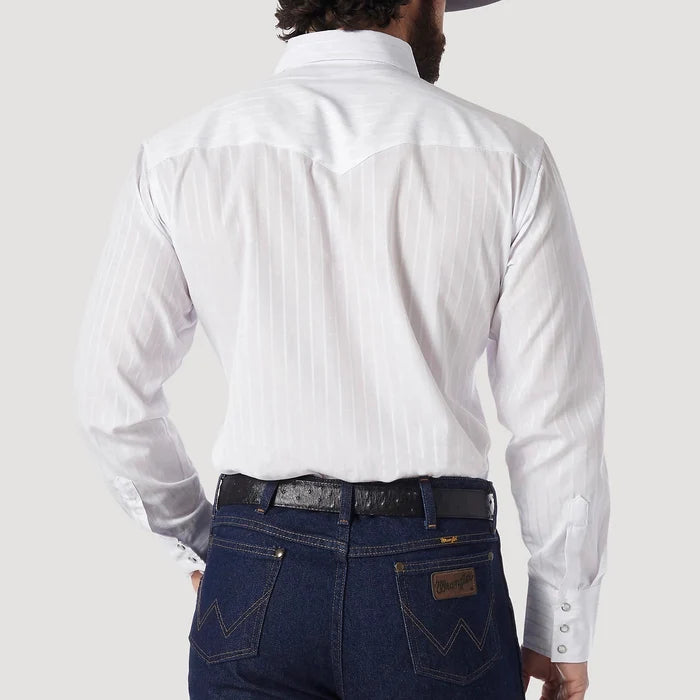 Wrangler Men's L/S Dobby Stripe Western Snap Shirt in White