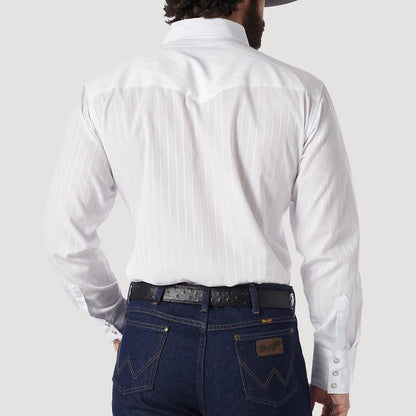 Wrangler Men's L/S Dobby Stripe Western Snap Shirt in White