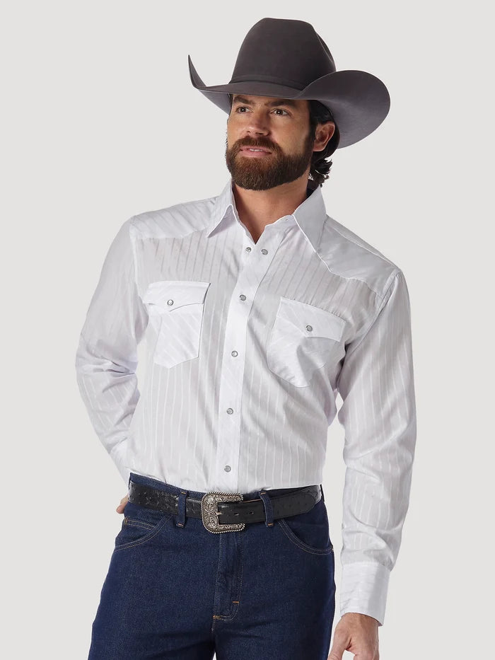 Wrangler Men's L/S Dobby Stripe Western Snap Shirt in White