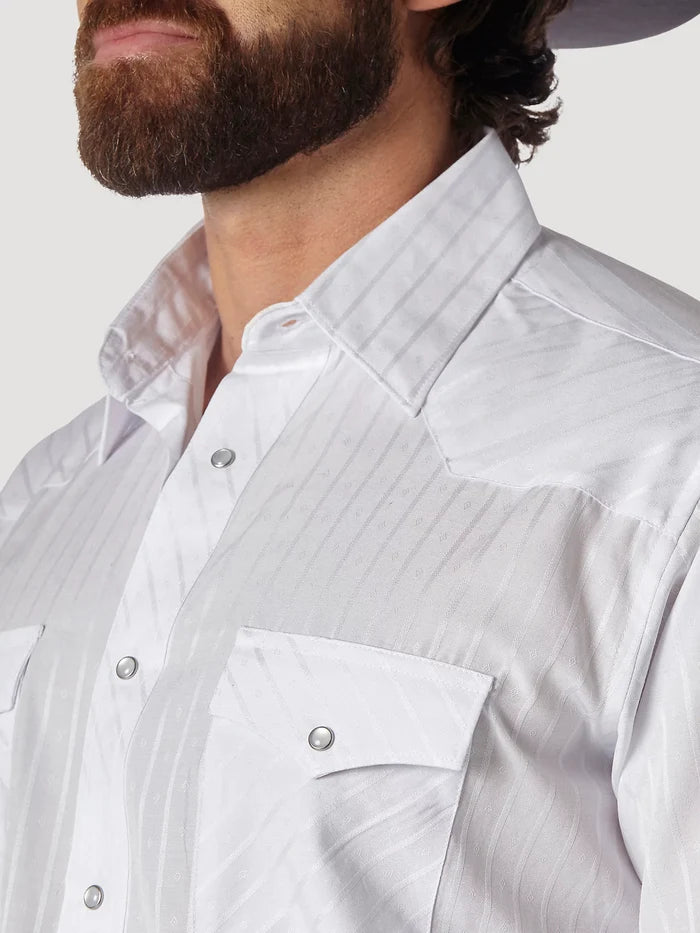 Wrangler Men's L/S Dobby Stripe Western Snap Shirt in White