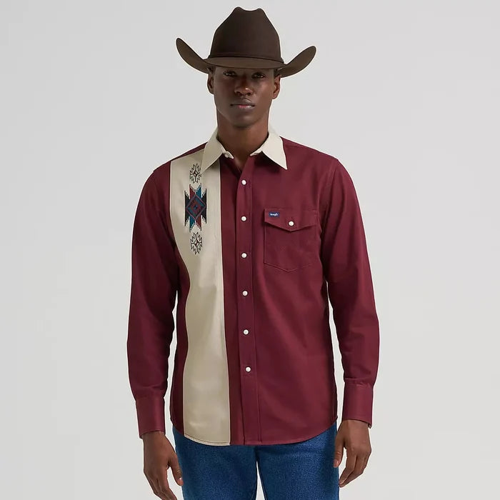 Wrangler Men's L/S Vintage Inspired Contrast Band Western Snap Shirt in Wine