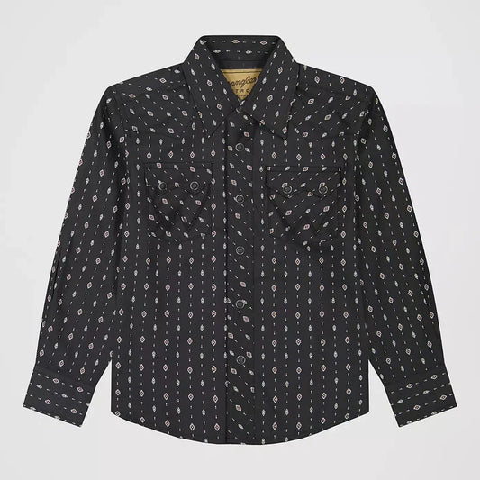 Wrangler Retro Boy's Western Sawtooth Pockets Pearl Snap in Obsidian Chain