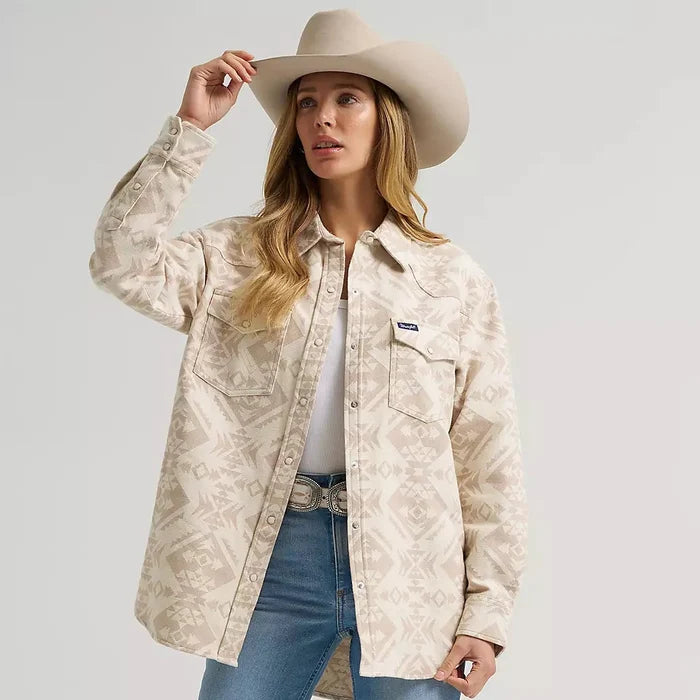 Wrangler Women's Boyfriend Western Snap Shirt Jacket in Cream