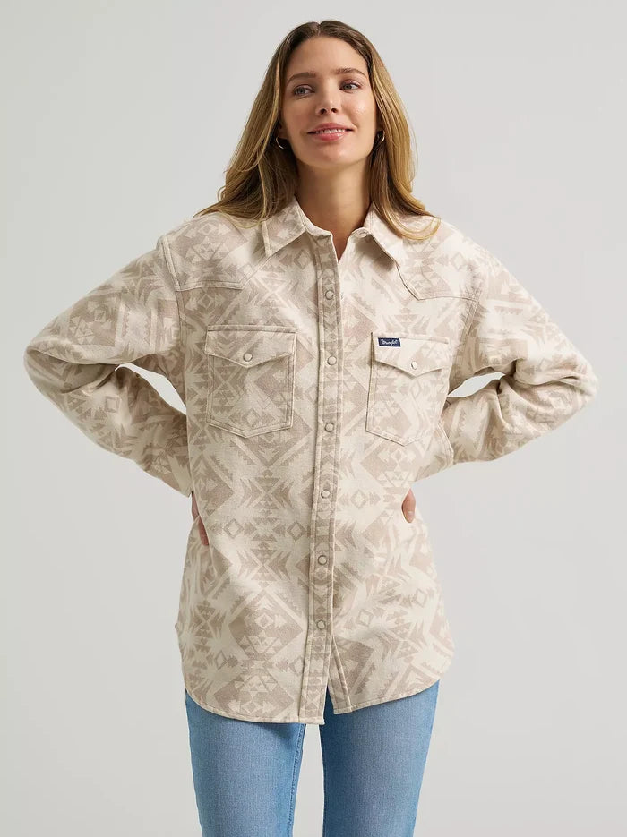 Wrangler Women's Boyfriend Western Snap Shirt Jacket in Cream