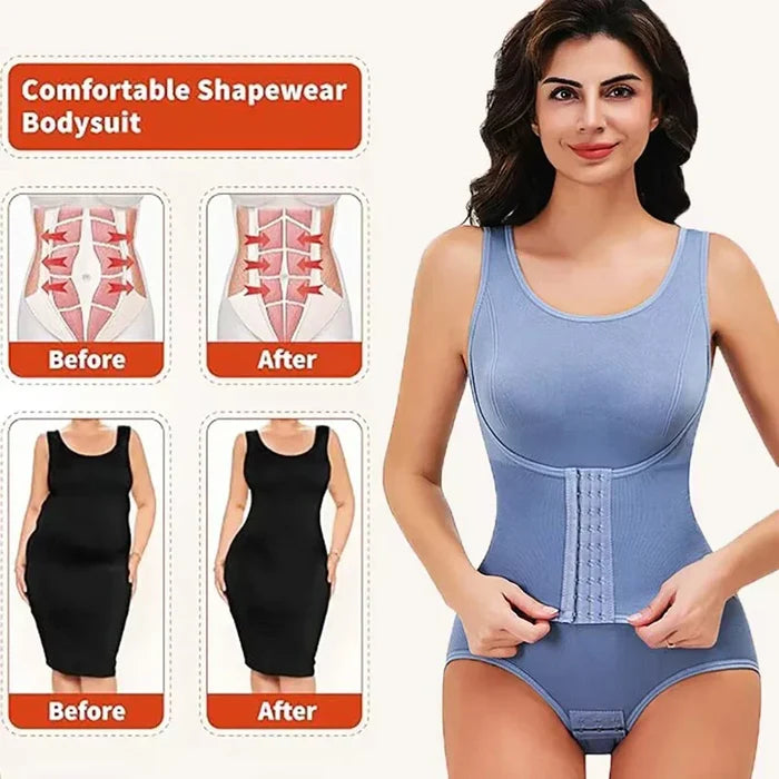 Woman wearing a blue Zipper tummy control seamless sculpting bodysuit FTF Market UK